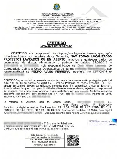 Modelo de certidão emitida por tabelionato de protesto